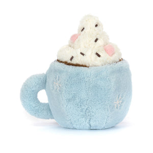 Back view of Jellycat Hot Chocolate soft toy in pale blue mug with fluffy cream top.