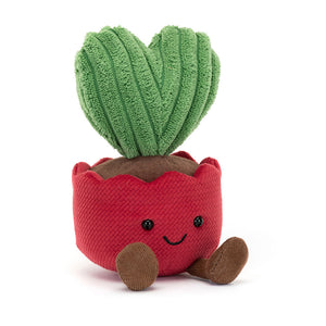 Angled View: Jellycat Amuseables Kerrii Cactus, a heart-shaped cactus in a red pot.