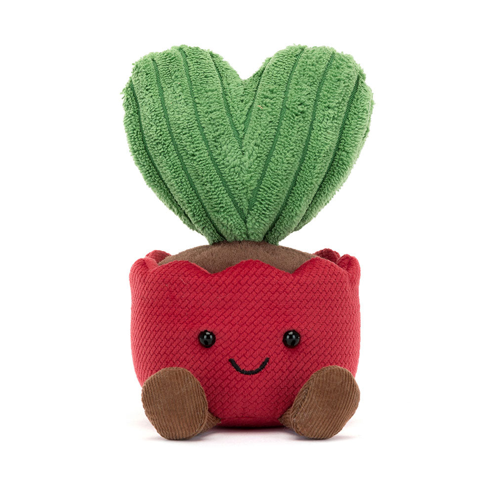 Front View: Jellycat Amuseables Kerrii Cactus, a soft plush cactus in a red pot with a smiling face.