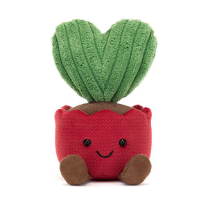 Front View: Jellycat Amuseables Kerrii Cactus, a soft plush cactus in a red pot with a smiling face.