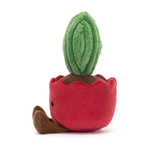 Side View: Jellycat Amuseables Kerrii Cactus, a cuddly cactus in a red textured pot and brown corded boots.