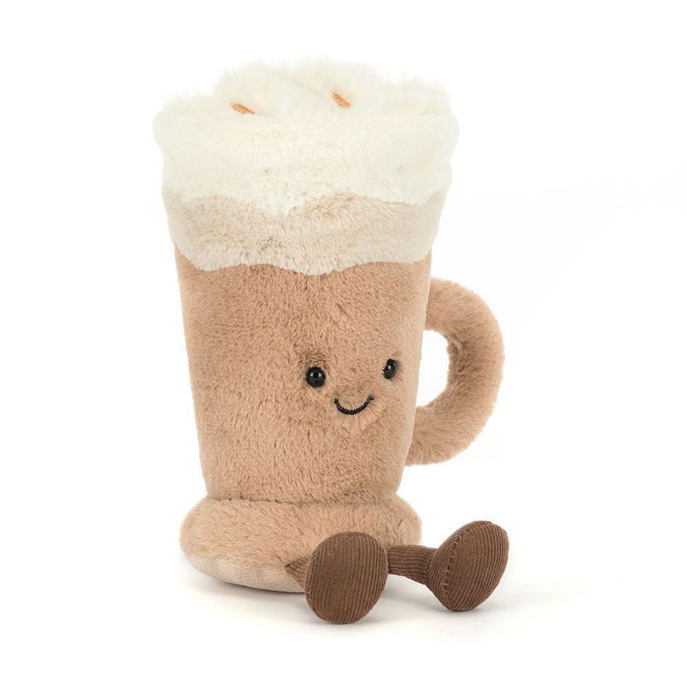 Jellycat Amuseables Latte plush toy with whipped-cream top and smiling face, front view.