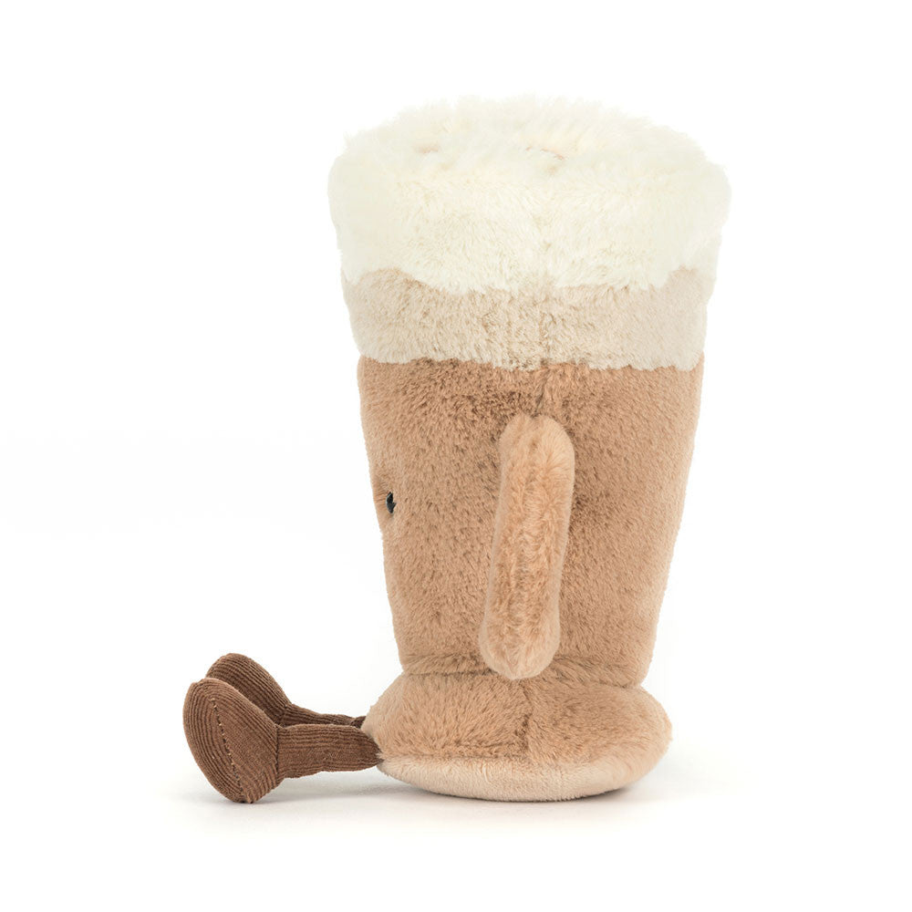 Side view of Jellycat Amuseables Latte plush with handle and cord feet.