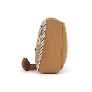 Side view of Jellycat Amuseables Letter To Santa plush showing candy-cane striped trim.