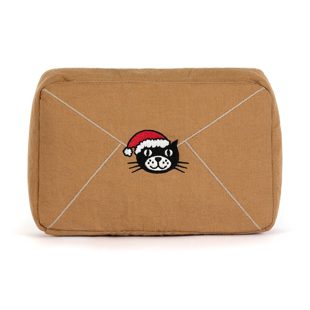 Back view of Jellycat Amuseables Letter To Santa plush with embroidered cat in Santa hat design.