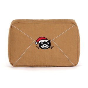 Back view of Jellycat Amuseables Letter To Santa plush with embroidered cat in Santa hat design.