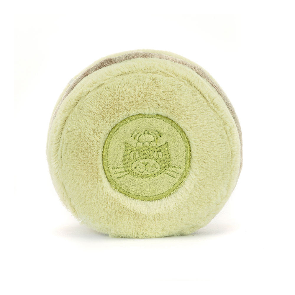 The back of the Jellycat Amuseables Max Macaron plush, featuring an embroidered Jellycat logo.