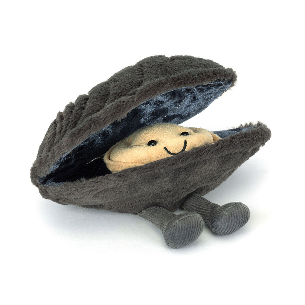 Jellycat Amuseables Michelle Mussel plush with charcoal shell and smiling mussel inside.