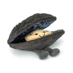 Jellycat Amuseables Michelle Mussel plush with charcoal shell and smiling mussel inside.