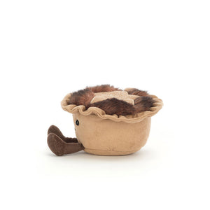 Soft Jellycat Amuseables Mince Pie plush (side view) with fluffy filling & festive star & brown corded boots.