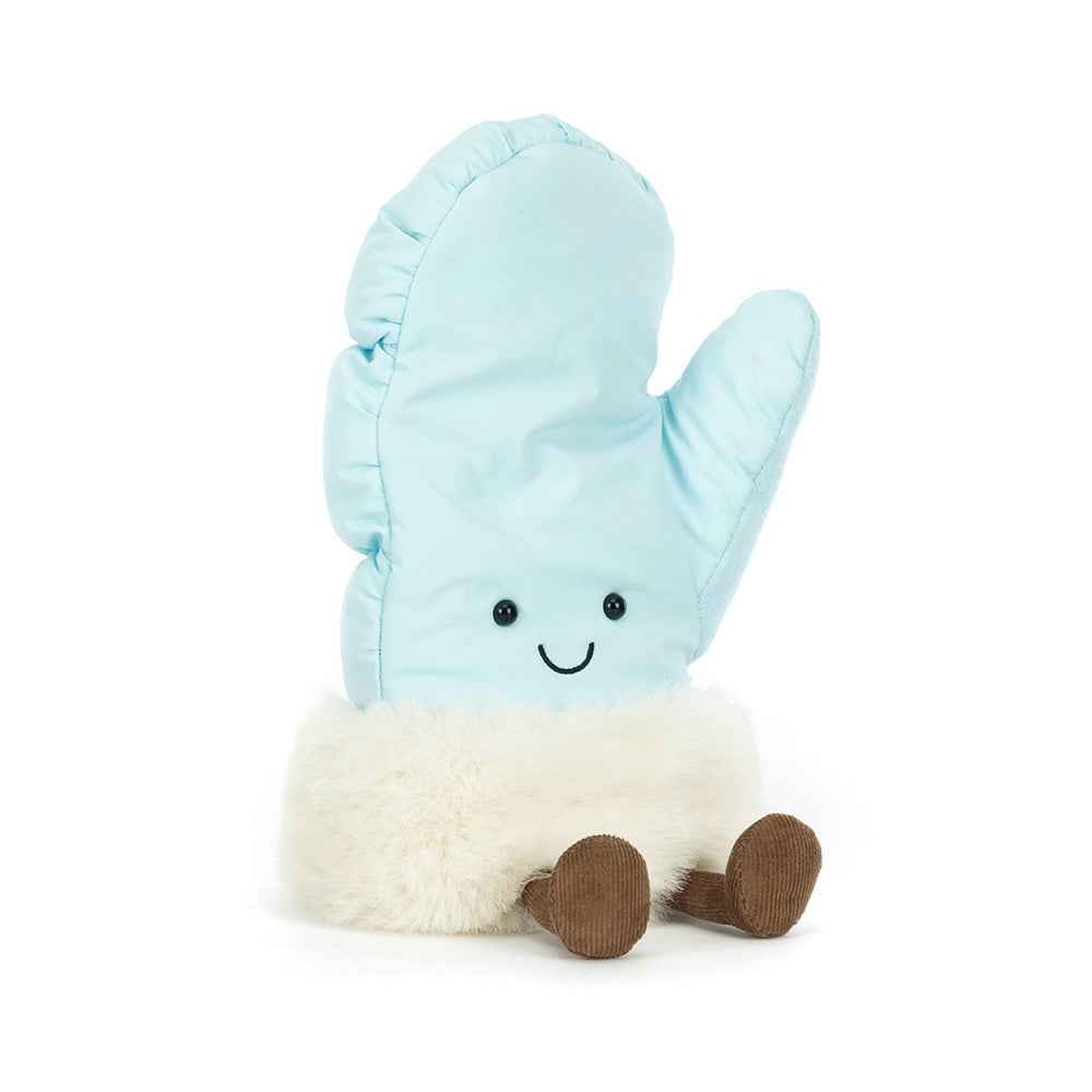 Jellycat Amuseables Mitten front view – soft blue mitten plush with smiling embroidered face and fluffy white cuff.