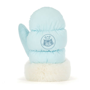 Jellycat Amuseables Mitten back view with embroidered cat logo on soft blue fabric.