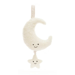  close-up view of a Jellycat Amuseable Moon Musical Pull plush, showcasing its luxuriously soft fur, embroidered smile, and floppy ears with a dangling star for bedtime melodies.