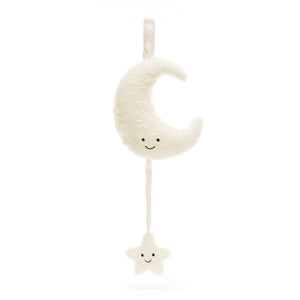 A cuddly Jellycat Amuseable Moon Musical Pull plush tilted at an angle, with its friendly embroidered face gazing down and a dangling star waiting to be pulled for a soothing lullaby.