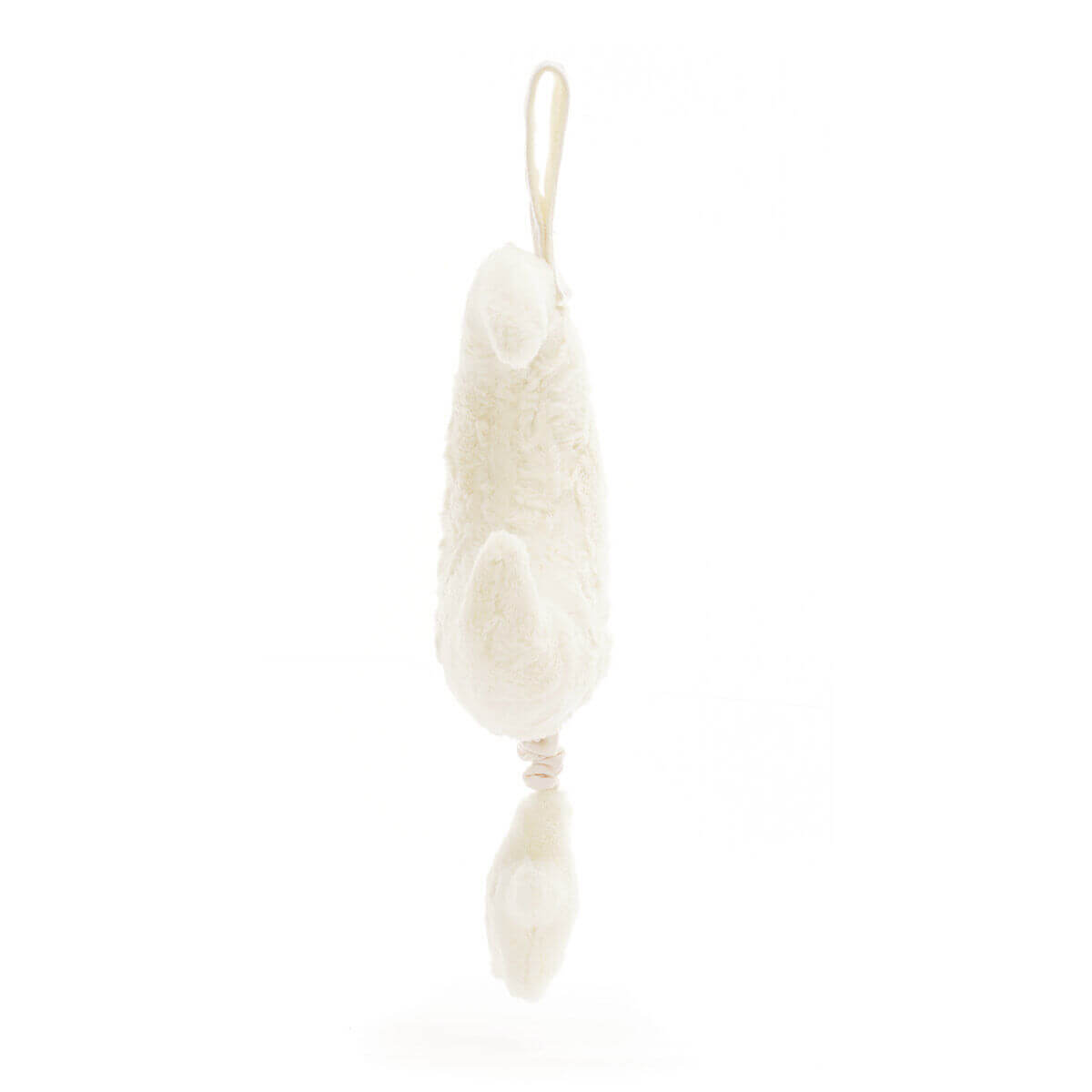 A side view of a Jellycat Amuseable Moon Musical Pull plush, highlighting its textured surface for a realistic moon look, soft floppy ears, and a dangling star for bedtime lullabies.