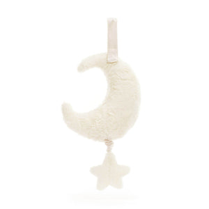 A Jellycat Amuseable Moon Musical Pull plush seen from behind, showing its super soft fur, embroidered details, and a dangling star for musical nighttime comfort.