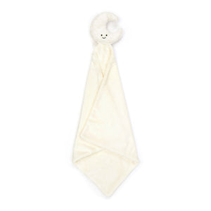 A cuddly Jellycat Amuseable Moon Soother, tilted at an angle, with its friendly embroidered face offering a gentle smile and a soft, huggable form perfect for bedtime comfort.