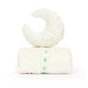 A Jellycat Amuseable Moon Soother seen from behind, showing its super soft fur, calming round shape, and a complete view of the textured surface for a moonlit feel.