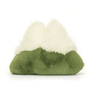 Back View: Backside of the Jellycat Amuseable Mountain showcases the soft green fur and white  mountain peaks.