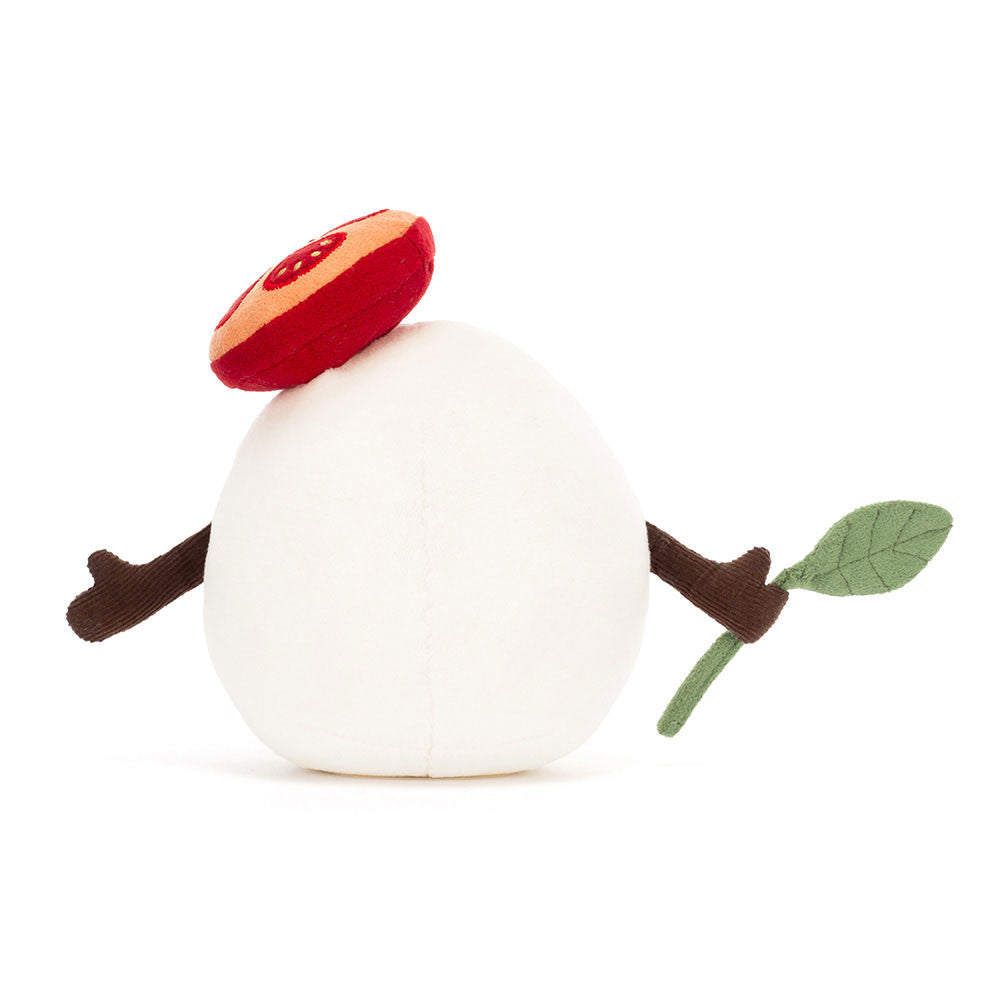Back view of Jellycat Amuseables Mozzarella plush toy with cord arms extended.