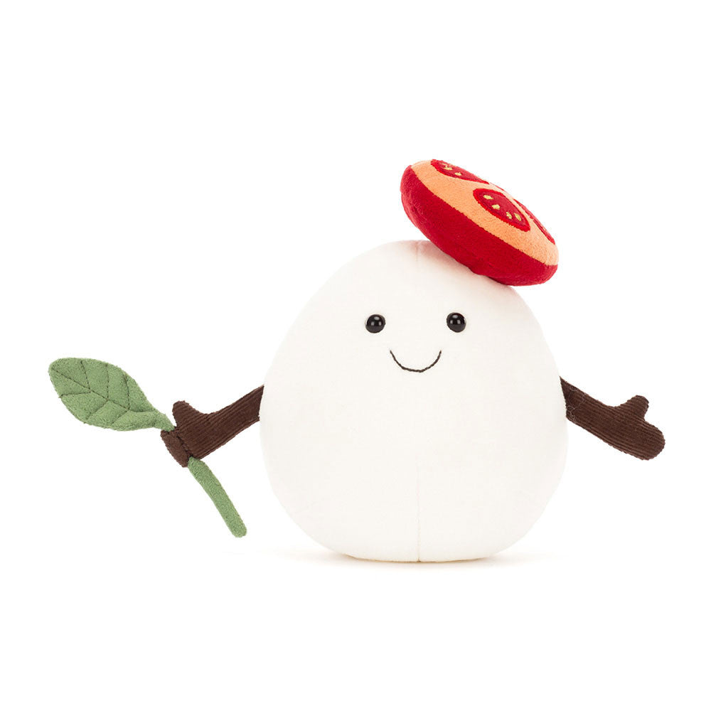 Front-facing Jellycat Amuseables Mozzarella plush smiling with basil leaf accessory.