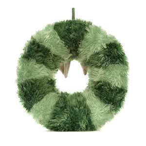 A back view of the Jellycat Amuseable Nordic Spruce Wreath, highlighting its soft, green fur and the teddy bear face.