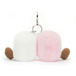 Back View: Backside of the Jellycat Marshmallow Bag Charm showcases the secure silver claw clip for easy attachment. This charming duo adds a touch of sweetness and fun to any bag or backpack! 