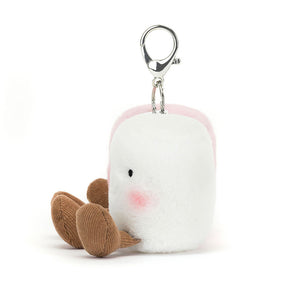 Side View: Side profile of the Jellycat Marshmallow Bag Charm. Highlights the compact size (perfect for any bag), the soft, squishy texture of the marshmallows.