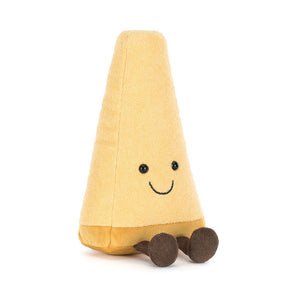 Jellycat Amuseables Parmesan plush toy shaped like a smiling cheese wedge with brown corduroy feet.