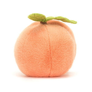 Back View: Backside of the Jellycat Amuseables Peach plush showcases the soft pink fur and the brown stalk with the green suedey leaf.