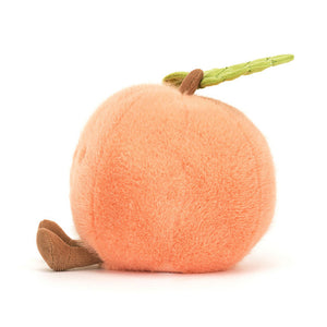 Side View: Side profile of the Jellycat Amuseables Peach plush. Highlights the perfect size for little hands.