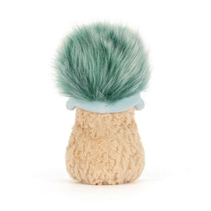 Back view of Jellycat Amuseables Peanut Après Ski plush showing fluffy green pom-pom hat detail.