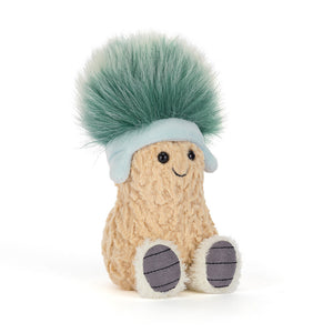 Jellycat Amuseables Peanut Après Ski soft toy sitting upright with a blue hat and fluffy green pom-pom hair.