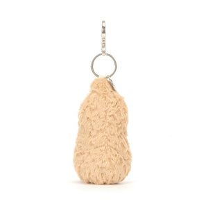 Back View: Backside of the Jellycat Amuseables Peanut Bag Charm showcases the secure silver claw clip for easy attachment. This quirky peanut charm adds a touch of fun to any bag or backpack!