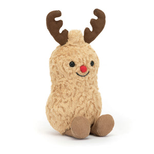 A soft, brown Jellycat Amuseable Peanut Reindeer with a red suedette nose, cocoa antlers, and a funky tuft haircut.