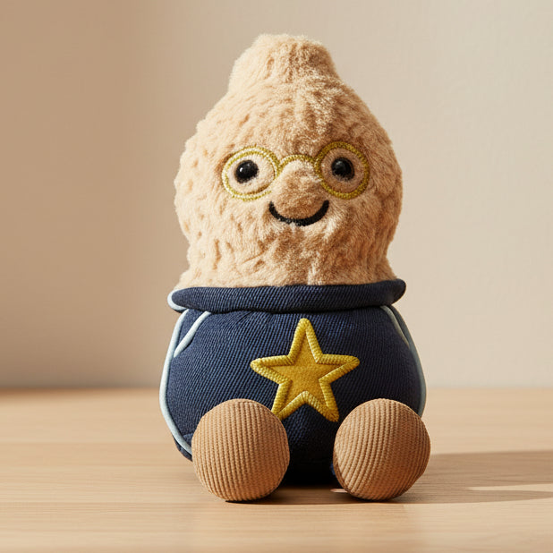 Jellycat Amuseables Peanut in star student outfit on wooden surface