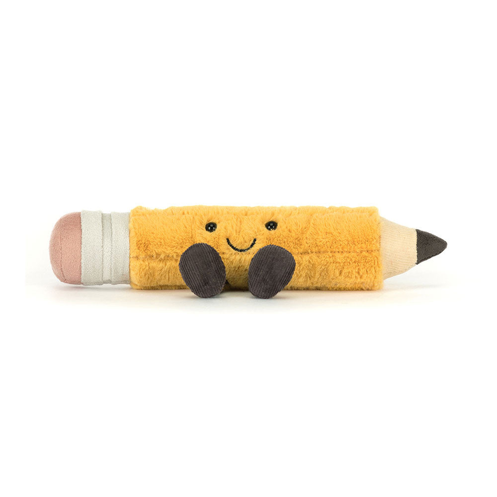 Flat rear view of the Jellycat Amuseables Pencil toy displaying its classic pencil shape, smooth yellow plush body, and subtle seam detailing