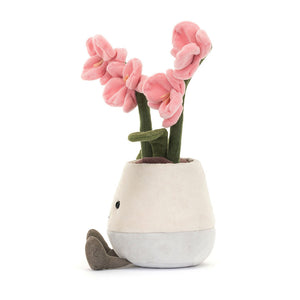 Side profile of the Jellycat Amuseables Pink Orchid plush, showing the depth of its flowers and the design of its trendy two-tone pot.