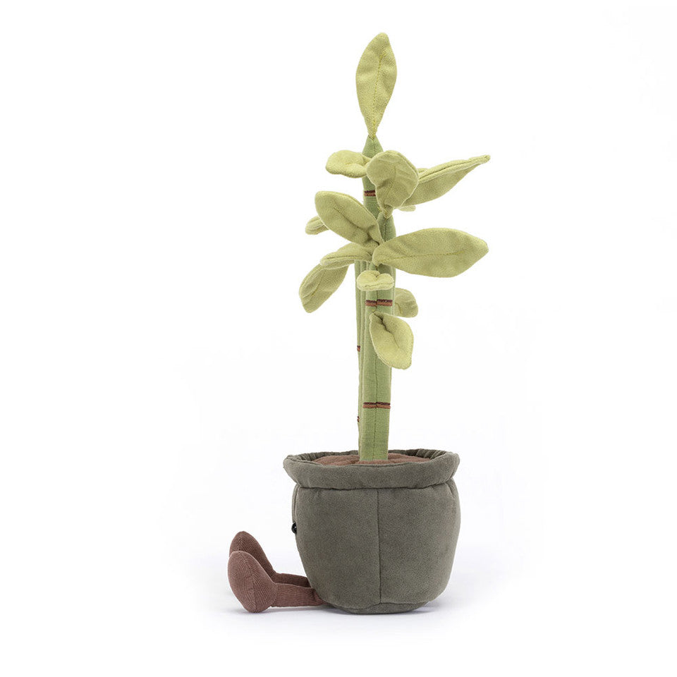 Side profile of the Jellycat Amuseables Potted Bamboo, showcasing its sturdy stems and the intricate details of its suedey leaves.