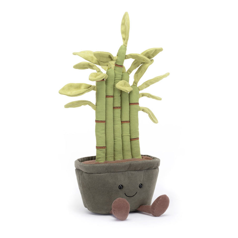 Adorable Jellycat Amuseables Potted Bamboo plush toy with a playful pose, showcasing its unique five-stalk design in a pot of soil.