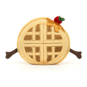 Back view of René Waffle plush toy, highlighting the realistic lattice waffle pattern.