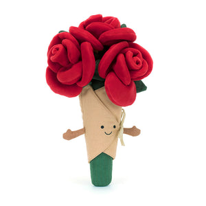 Angled View: Jellycat Amuseables Rose Bouquet, a trio of red roses wrapped in linen.