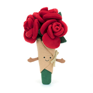 Front View: Jellycat Amuseables Rose Bouquet, a soft plush flower bouquet, wrapped in linen with a smiley face and bow.