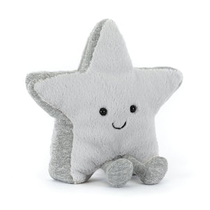Jellycat Amuseables Silver Star plush toy with glittery silver legs and smiling face, front view.