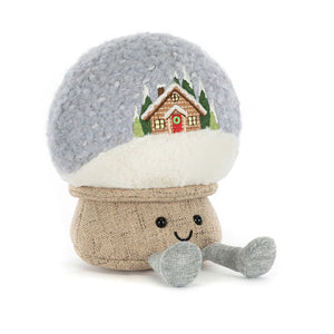 Jellycat Amuseables Snow Globe plush toy featuring embroidered cabin and smiling base.