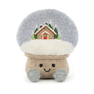 Front view of Jellycat Amuseables Snow Globe showing smiling face and winter scene.