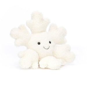 Angled View: Winter Wonderland Friend! The Jellycat Amuseable Snowflake with a Happy Grin & Squishy Branches Leans In for a Cuddle. 