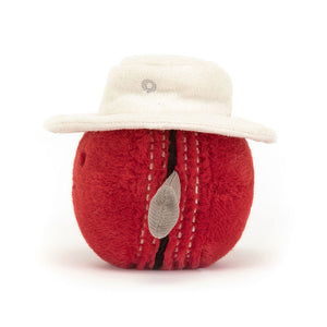 Back view of Jellycat Amuseable Sports Cricket Ball showcasing its red plush body and seam details.