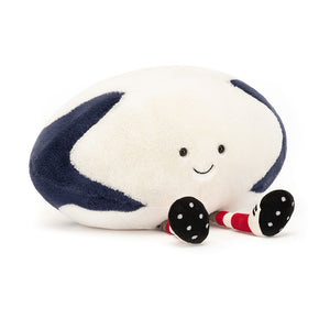 Front view of Jellycat Amuseable Sports Rugby Ball plush with smiling face.