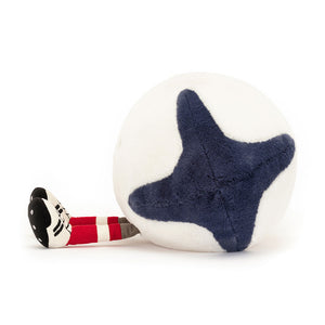 Side view of Jellycat Amuseable Rugby Ball showing plush fabric and booted legs.